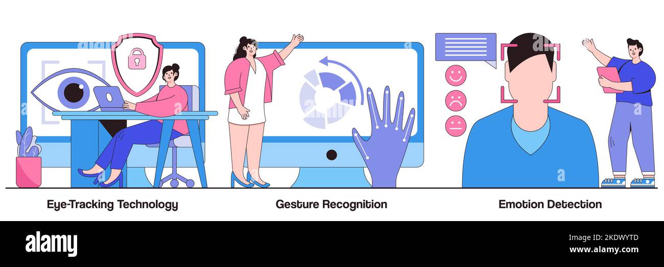 Eye-Tracking-Technologie, Gestenerkennung, Konzept zur Emotionserkennung bei winzigen Menschen. Moderner Sensor Tech Vektor-Illustrationssatz. Mensch-Computer A Stock Vektor