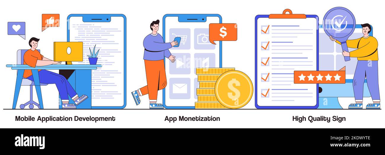 Mobile Anwendungsentwicklung, App-Monetarisierung, hochwertiges Zeichenkonzept mit winzigen Menschen. Abstrakter Vektor-Illustrationssatz für Gewinnannahme. Intelligent Stock Vektor