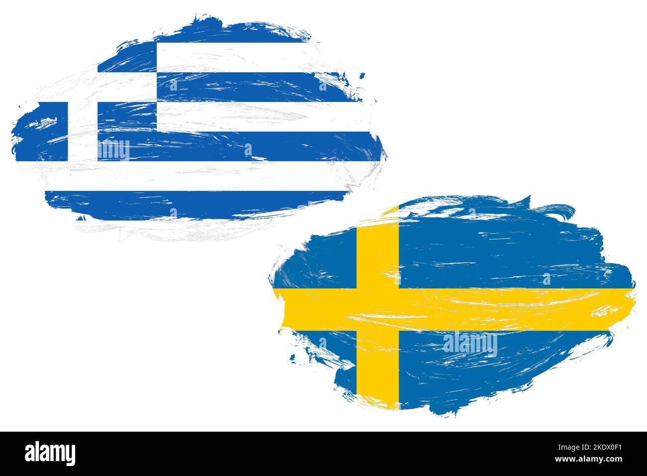 Griechenland und schweden Flagge zusammen auf einem weißen Pinselhintergrund Stockfoto