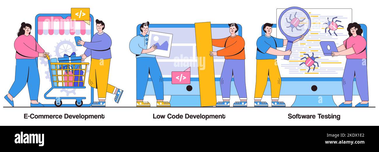 E-Commerce-Entwicklung, Low-Code-Entwicklung, IT-Software-Testkonzept mit winzigen Menschen. Vektorgrafik für Anwendungssoftware. Online-Shop Stock Vektor