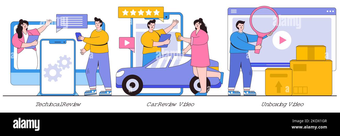 Technischer Test, Auto-Review-Video, Entboxing Video-Konzept mit winzigen Menschen. Produkt Kunden Feedback Cartoon abstrakte Vektor Illustration Set. Kundenaufzug Stock Vektor