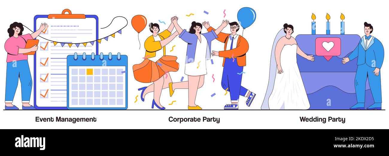 Event-Management, Unternehmens- und Hochzeitsgesellschaft Konzept mit Menschen Charakter. Vektorgrafik für Unterhaltungsdienste. Organisator der Konferenz, plannin Stock Vektor