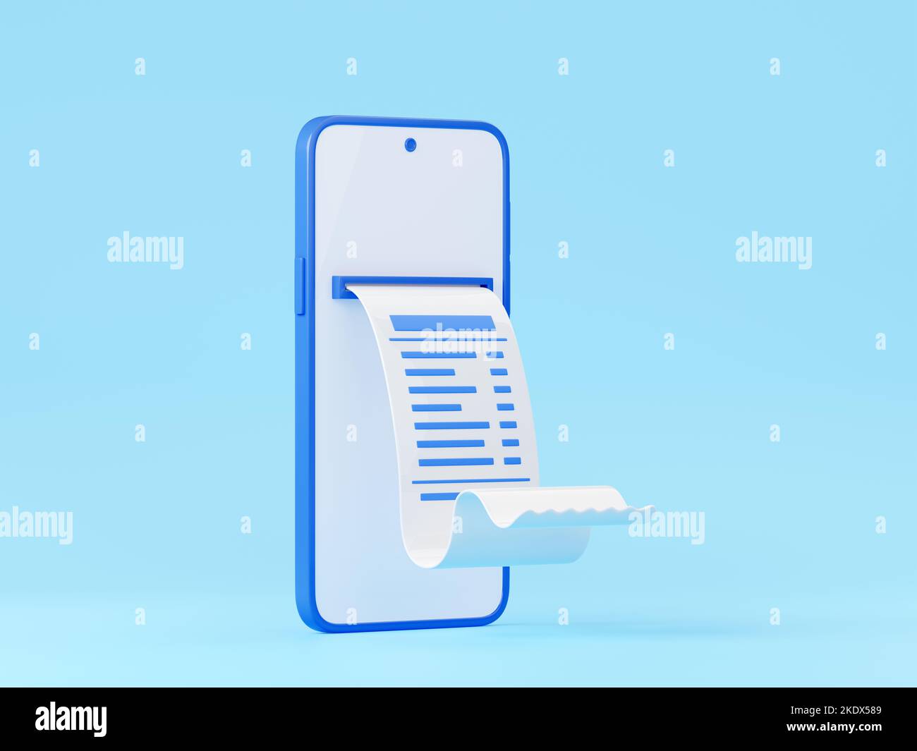 3D Render Smartphone mit Zahlungsbestätigung Rechnung isoliert auf Hintergrund. Mobile Banking App-Symbol für ui-Design. Elektronischer Service für bargeldlosen und kontaktlosen Geldtransfer. Online-Shopping Stockfoto