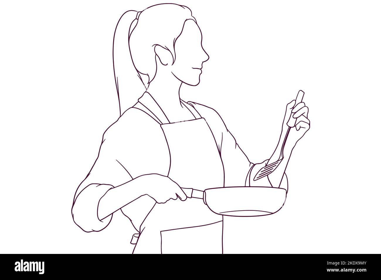 Schönes Mädchen in Schürze Kochen Hand gezeichnet Stil Vektor Illustration Stock Vektor