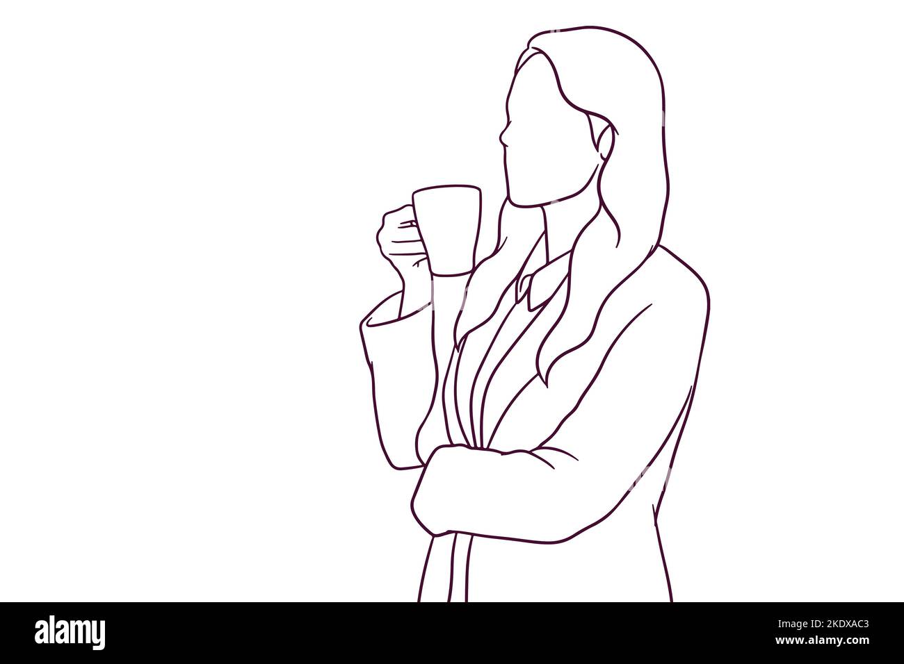 Geschäftsfrau nehmen Sie eine Tasse Kaffee, während Sie stehen. Handgezeichnete Stil Vektor-Illustration Stock Vektor