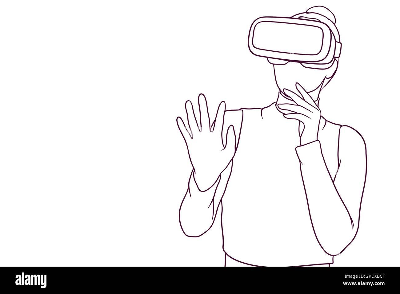 Junges Mädchen überrascht während der VR-Erfahrung. Technologien Konzept. Handgezeichnete Stil Vektor-Illustration Stock Vektor
