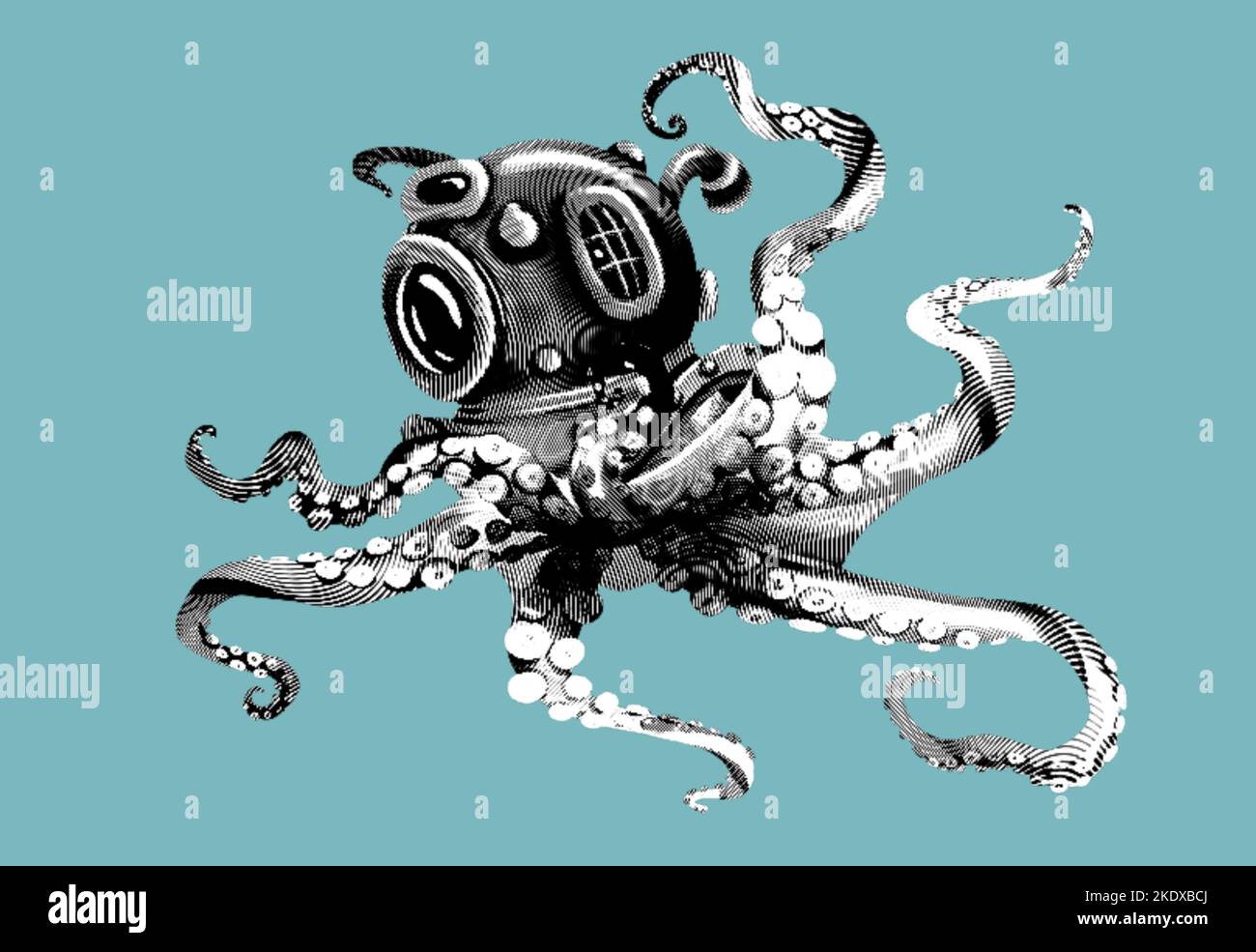 octopus Gravur in einem Unterwasserhelm. Realistische Oktopus-Illustration. Stockfoto