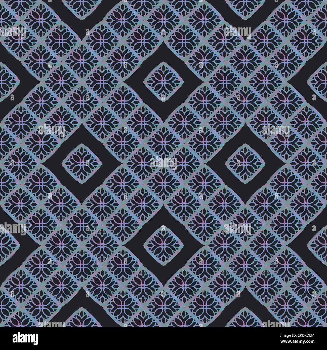 Gradient monochromes Tribal-Ornament auf schwarzem Hintergrund. Nahtloses Muster mit geometrischen Motiven. Stockfoto
