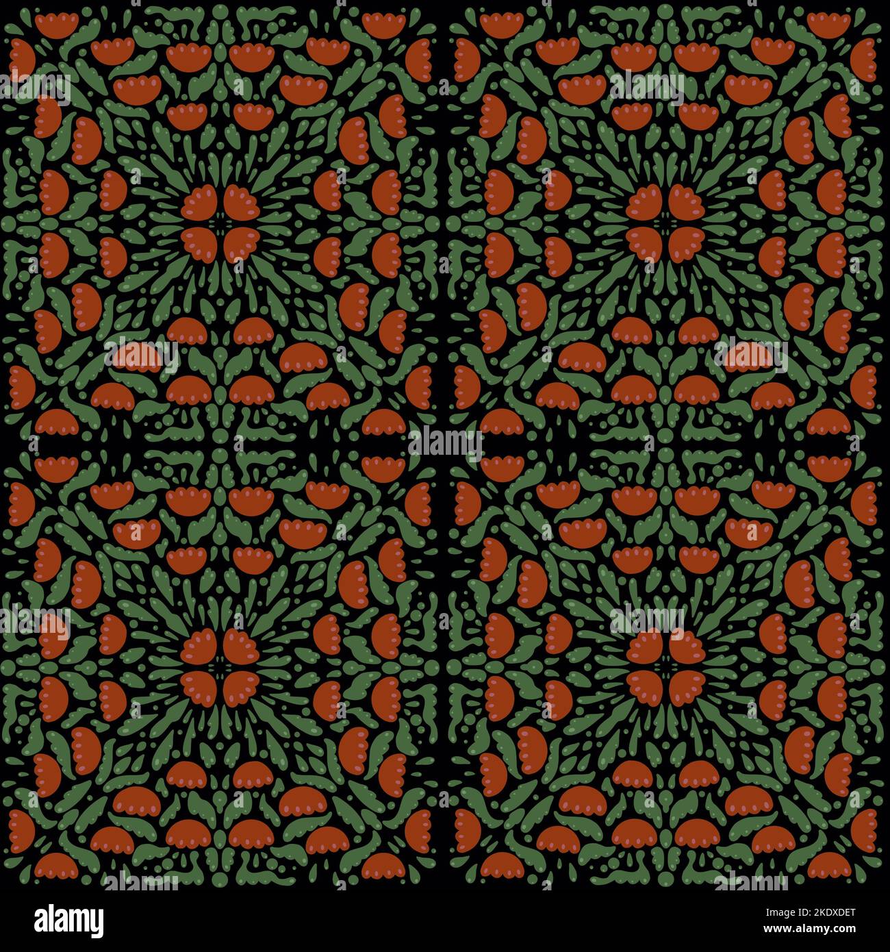 Nahtloses Muster mit roten Blüten Mandala in antikem traditionellen arabischen, indischen Ornamenten Stil. Geometrische und mosaikartige Motive auf schwarzem Hintergrund Stockfoto