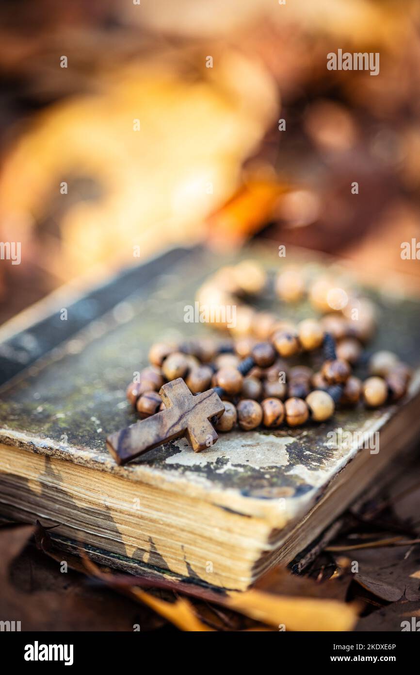 Hölzerne Rosenkranzperlen und ein heiliges bibelbuch, das auf den Herbstblättern liegt. Stockfoto