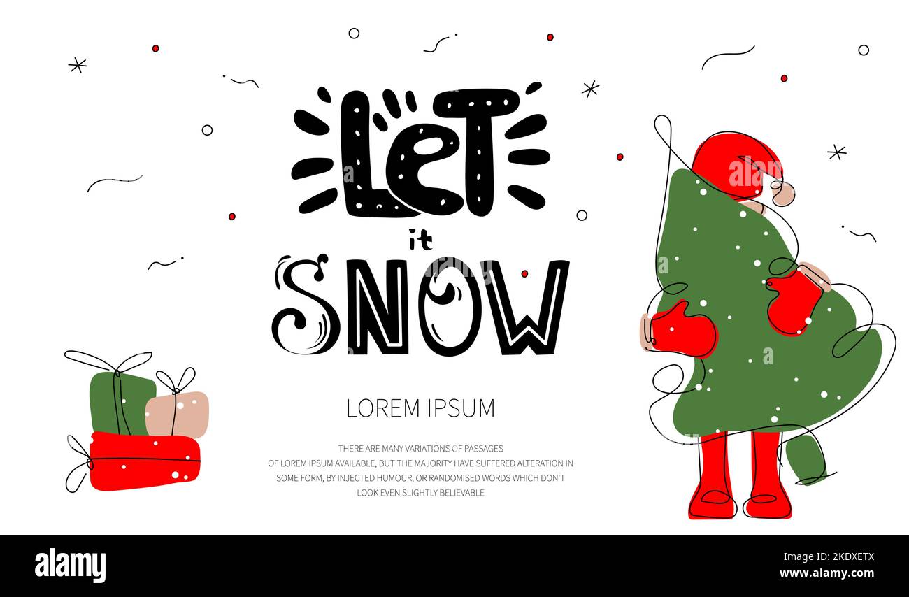 Frohe Weihnachten Web Landing Page mit Zitat Schriftzug LASSEN ES SCHNEIEN und niedlichen Weihnachtsmann. Die Vektor-Illustration xmas Web-Postkarte in handgezeichneter Kunst Stock Vektor