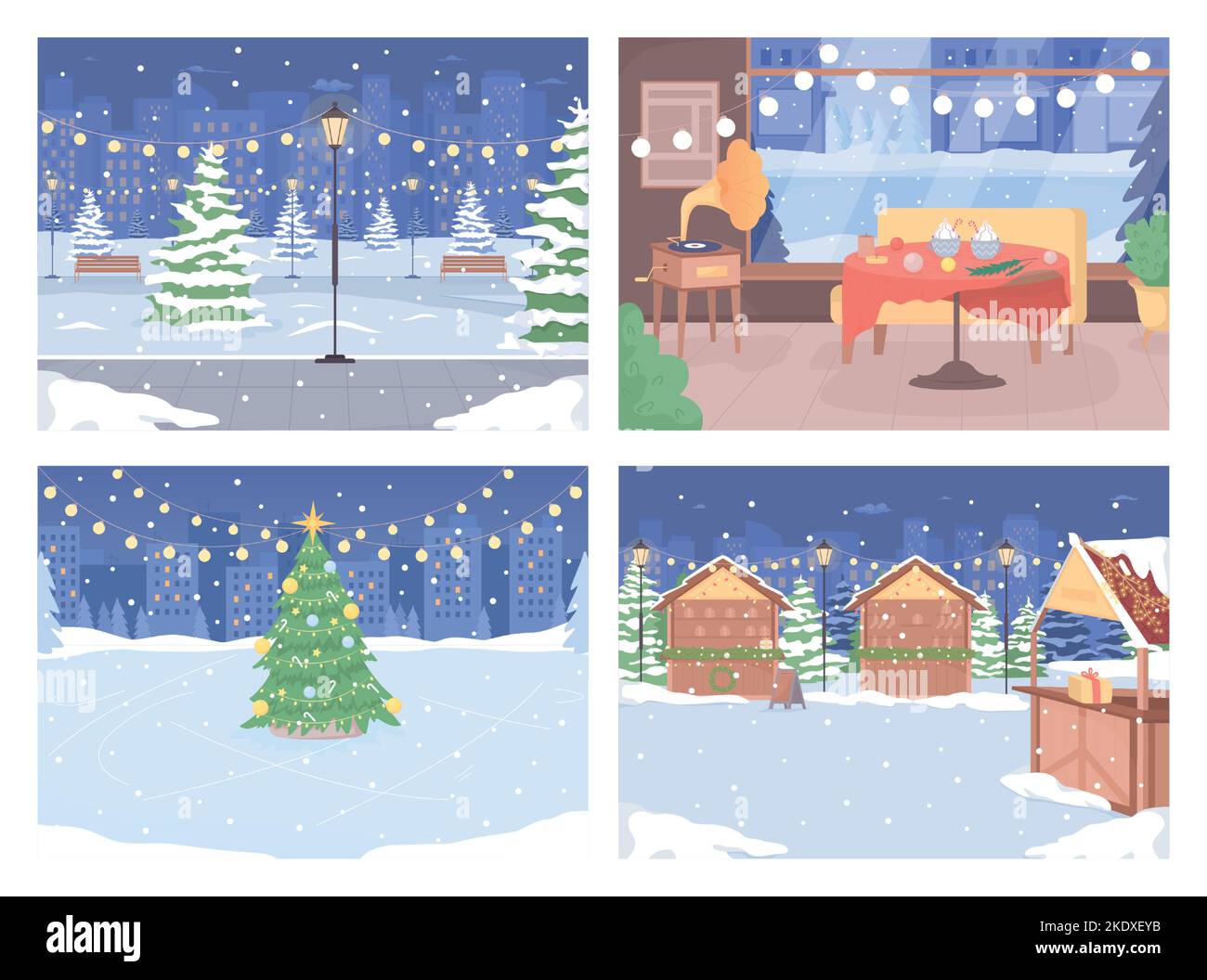 Winter Outdoor-Szenen auf Heiligabend flache Farbe Vektor Illustration Set Stock Vektor