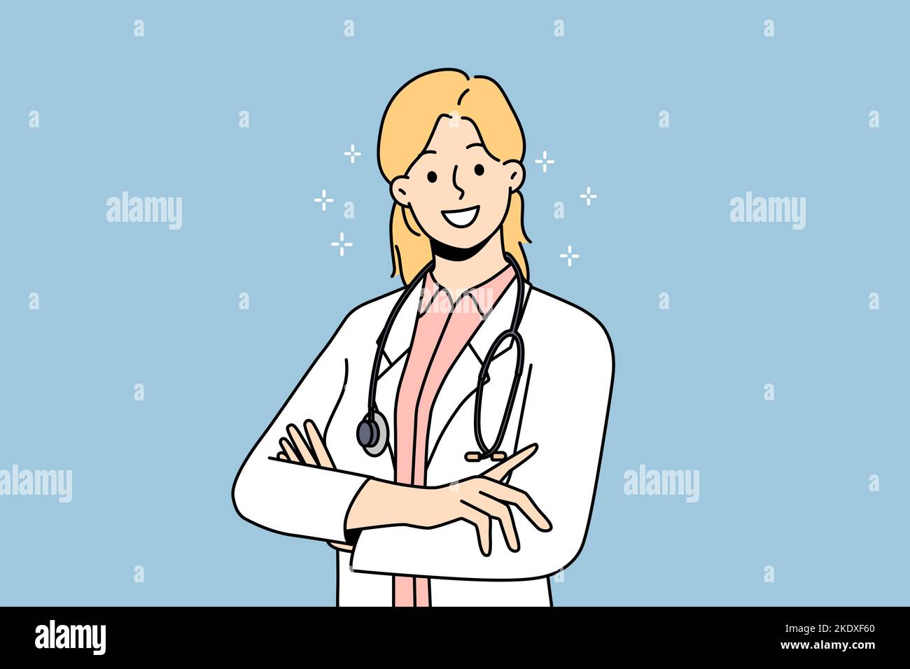 Lächelnde Ärztin in weißer medizinischer Uniform fühlt sich positiv und optimistisch. Glückliche Hausärztin oder Therapeutin, die Führungsqualitäten zeigt. Medizin. Vektorgrafik. Stock Vektor