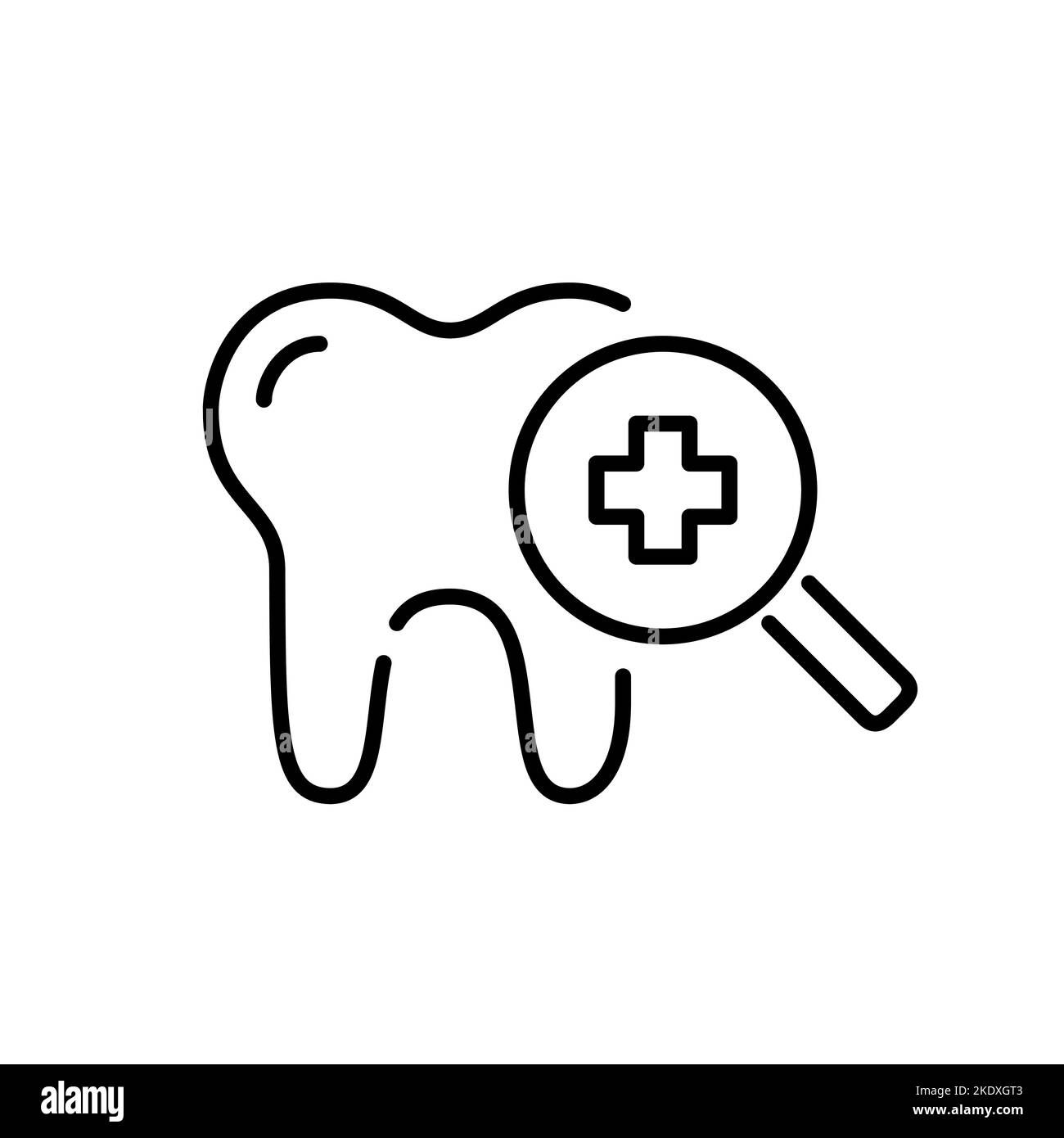 Symbol für zahnärztliche Kontrolle. Zahn mit Lupe. Pixelgenaue, bearbeitbare Kontur Stock Vektor