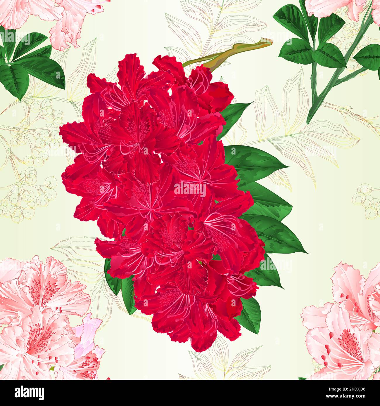 Nahtlose Textur Blumen rot und hellrosa Rhododendren Zweige Strauch vintage Vektor Illustration editierbar Handzeichnen Stock Vektor