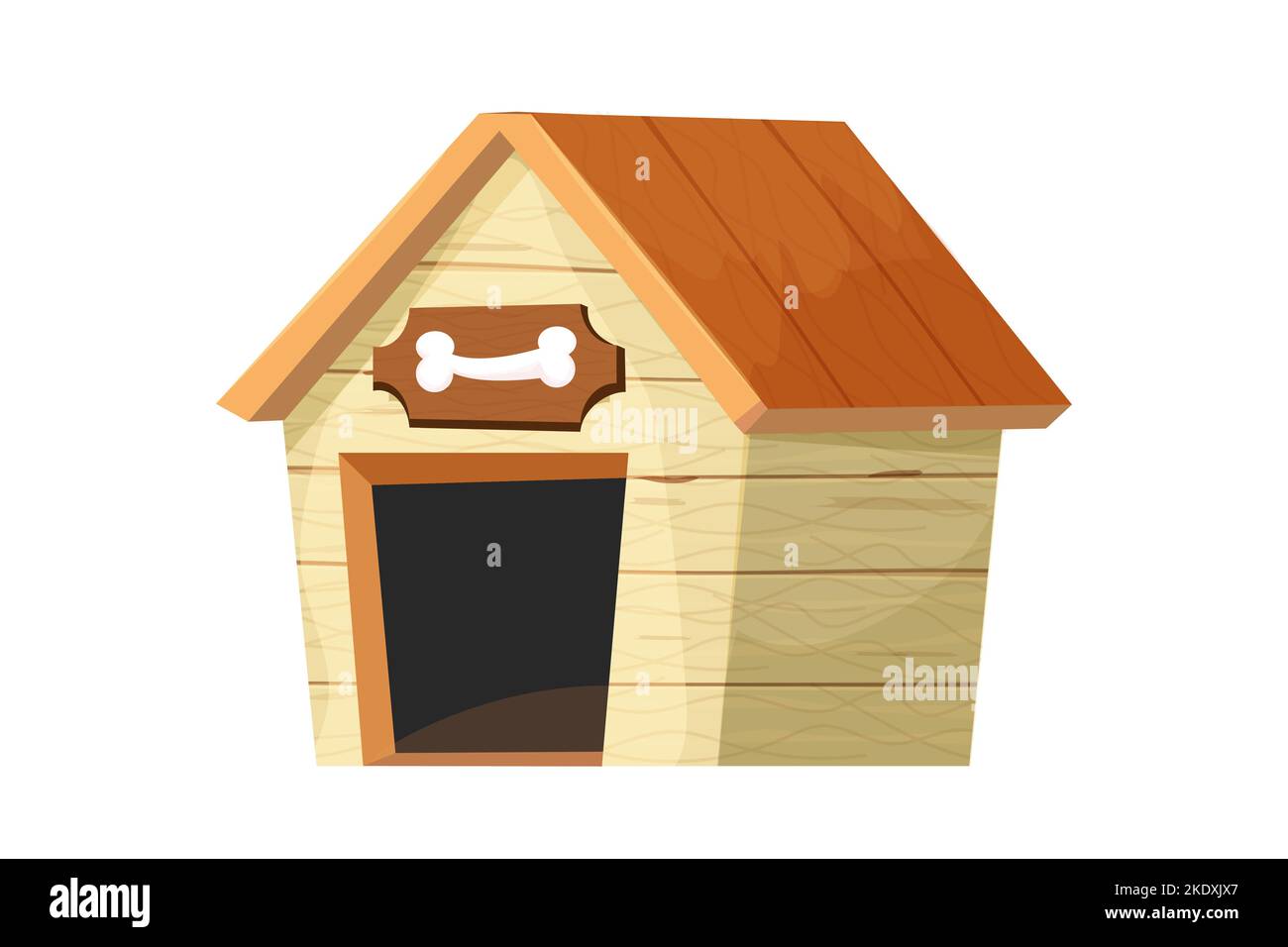 Lustige hundehütte, hölzerne Zwinger im Cartoon-Stil isoliert auf weißem Hintergrund. Komische kindliche Konstruktion mit Dach und Schale mit Knochen. Vektorgrafik Stock Vektor