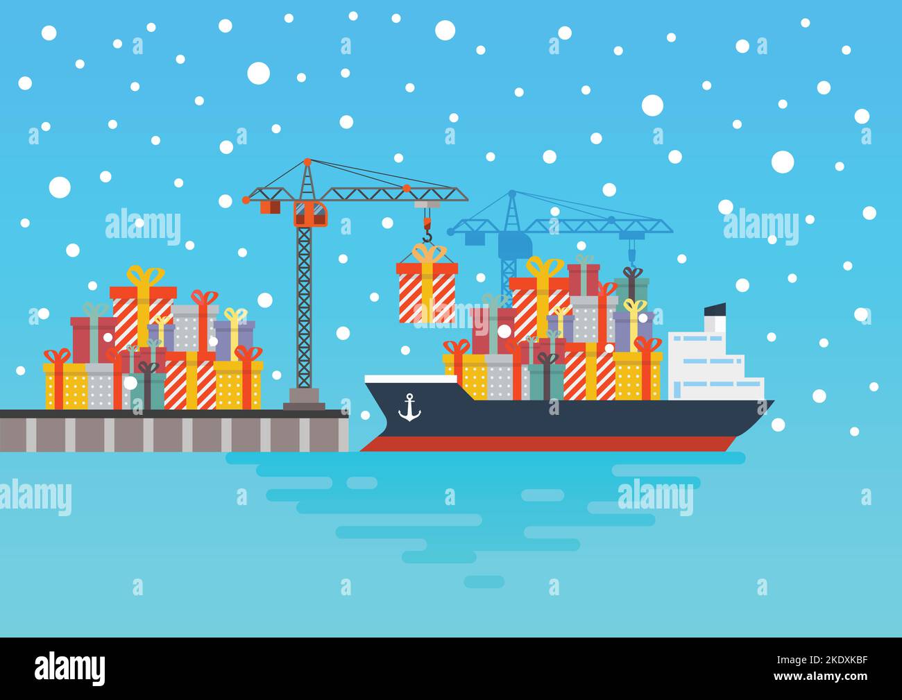 Containerschiff mit Geschenkboxen im Hafen. Vektorgrafik Stock Vektor