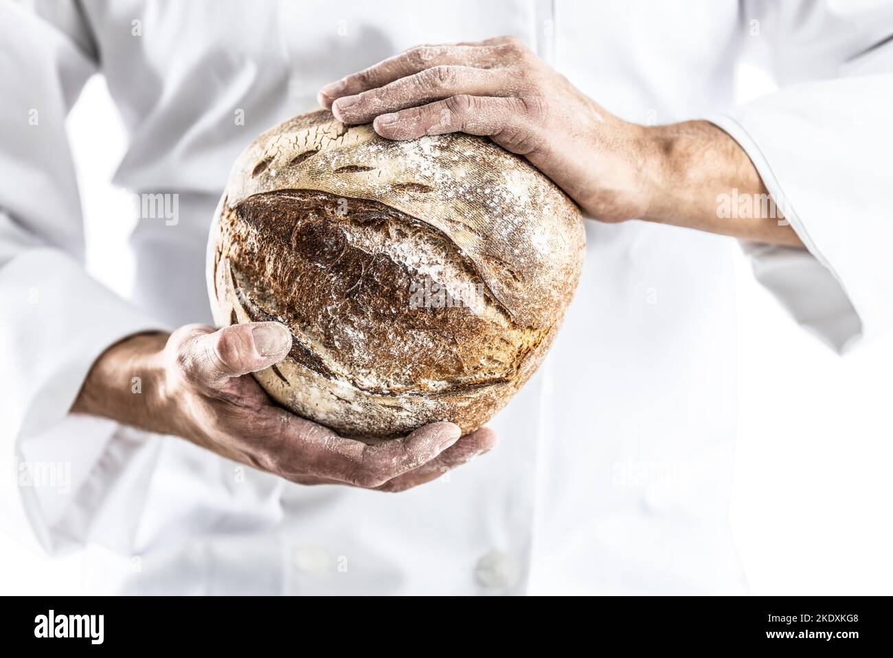 Ein Bäcker in weißer Arbeitskleidung hält einen frischen Laib Brot in der Hand. Stockfoto