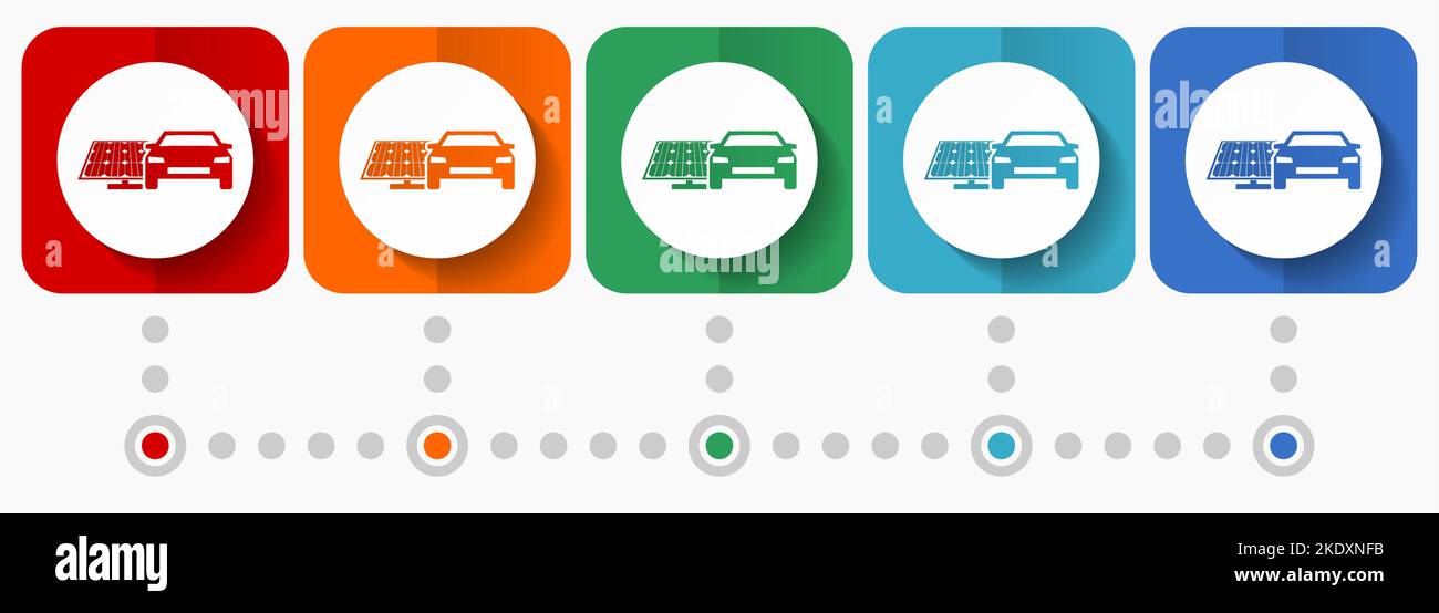 Elektroauto und Solarpanel, saubere Energie, Power-Vektor-Symbole, Infografik-Vorlage, Satz von flachen Design-Symbole in 5 Farboptionen Stock Vektor