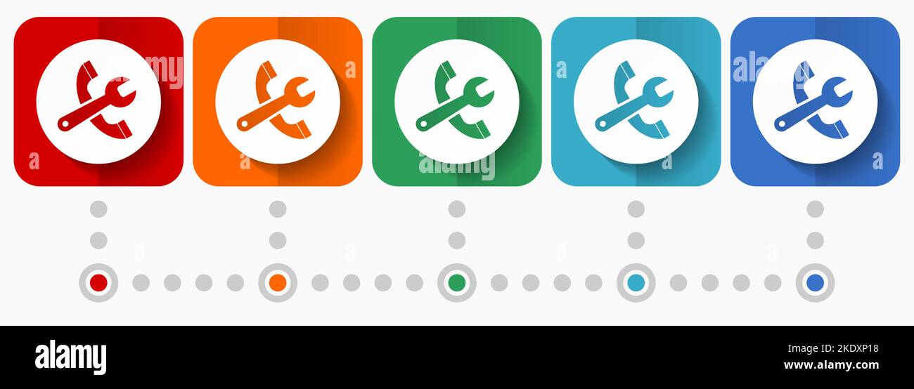 Telefon-Service, Reparatur-Vektor-Symbole, Infografik-Vorlage, Satz von flachen Design-Symbole in 5 Farboptionen Stock Vektor
