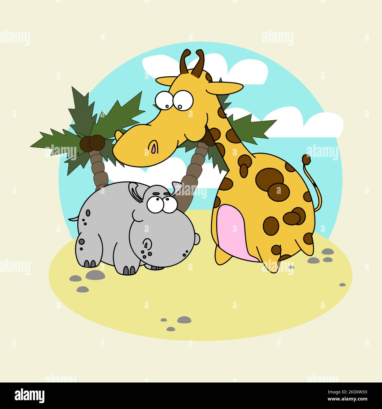 Eine Giraffe und ein Nilpferd auf einer Insel mit Palmen Stock Vektor