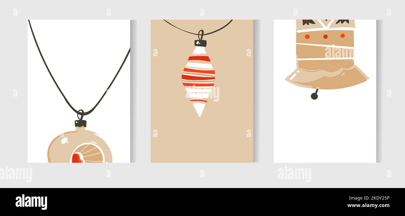 Hand gezeichnet Vektor abstrakt Spaß Frohe Weihnachten Zeit Cartoon Illustrationen Karten Sammlung mit Weihnachtsbaum Spielzeug auf Bastelpapier isoliert gesetzt Stock Vektor