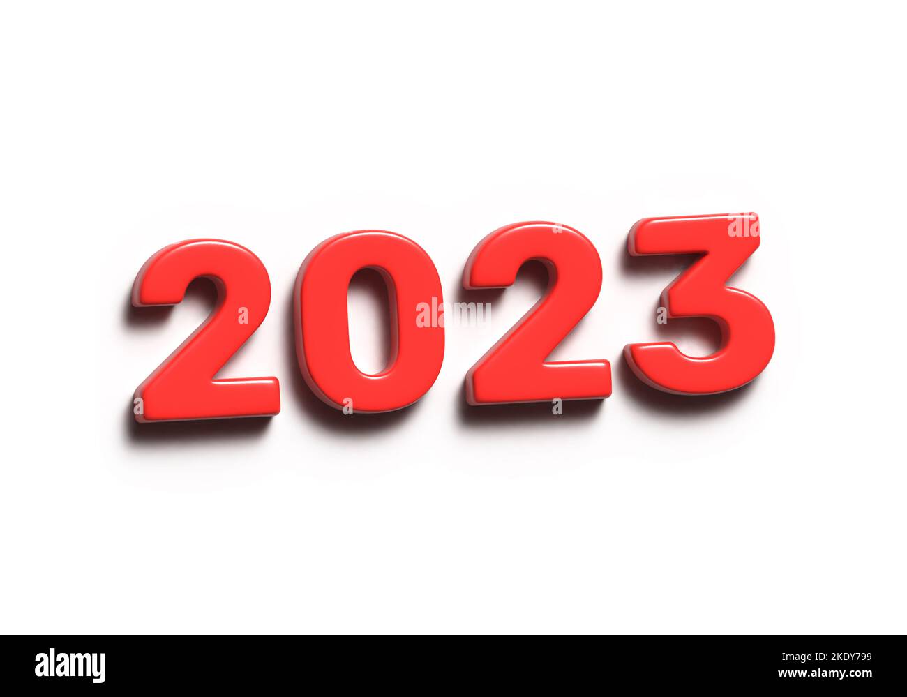 Rote Inschrift 2023 auf weißem Grund. Happy New Year Konzept. 3D Rendern. Stockfoto