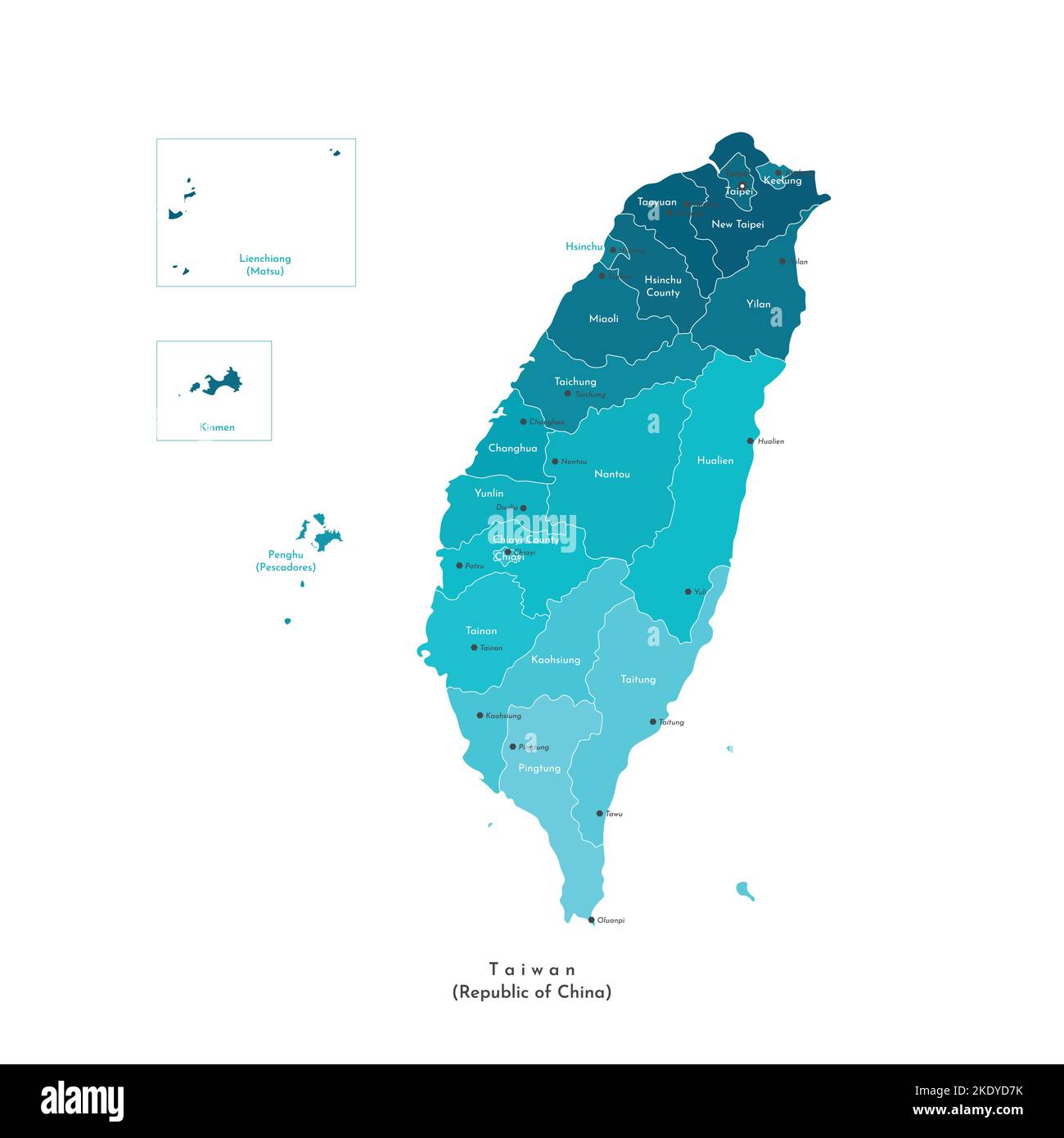 Vektor isoliert bunte Illustration. Vereinfachte administrative geografische Karte von Taiwan (Republik China). Namen taiwanesischer Städte und Regionen. Stock Vektor