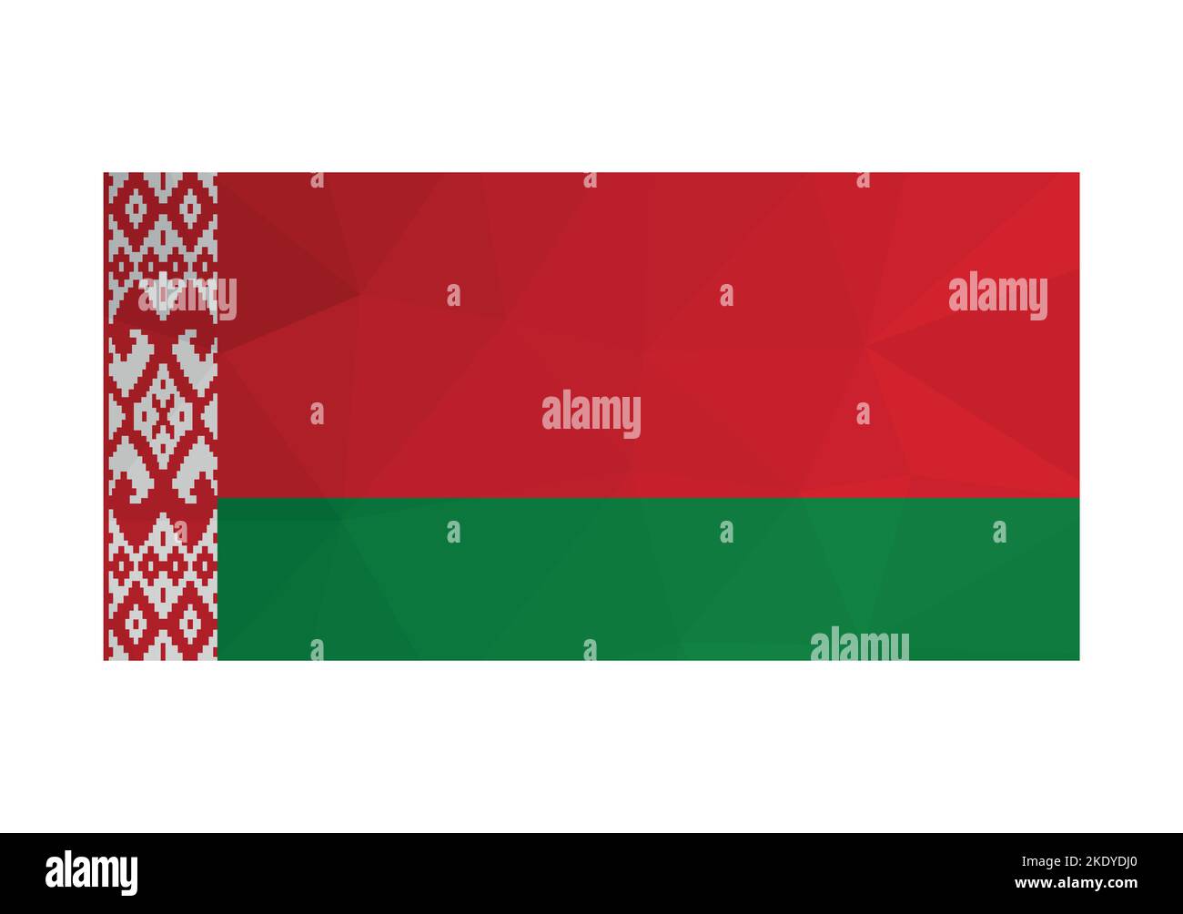 Vektorgrafik. Offizielle Fähnrich von Belarus. Nationalflagge in roten und grünen Farben, verziert mit ornamentalem Muster. Design im polygonalen Stil mit Stock Vektor