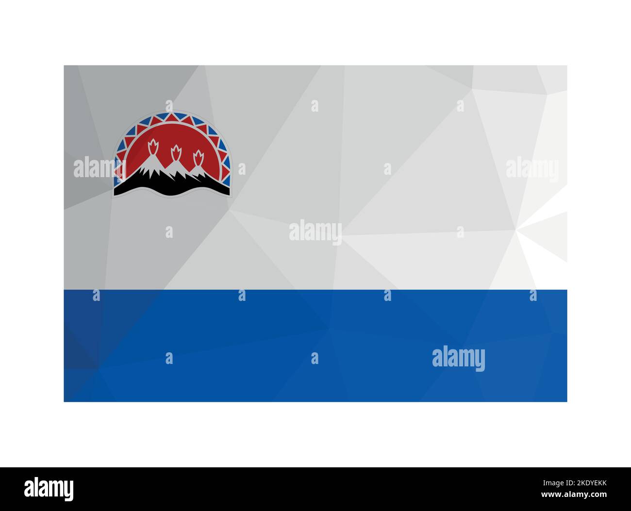 Vektorgrafik. Offizieller Fähnrich der Region Kamtschatka (Russland). Nationalflagge in weißen und blauen Farben mit Vulkanen. Kreatives Design in polygonalen st Stock Vektor
