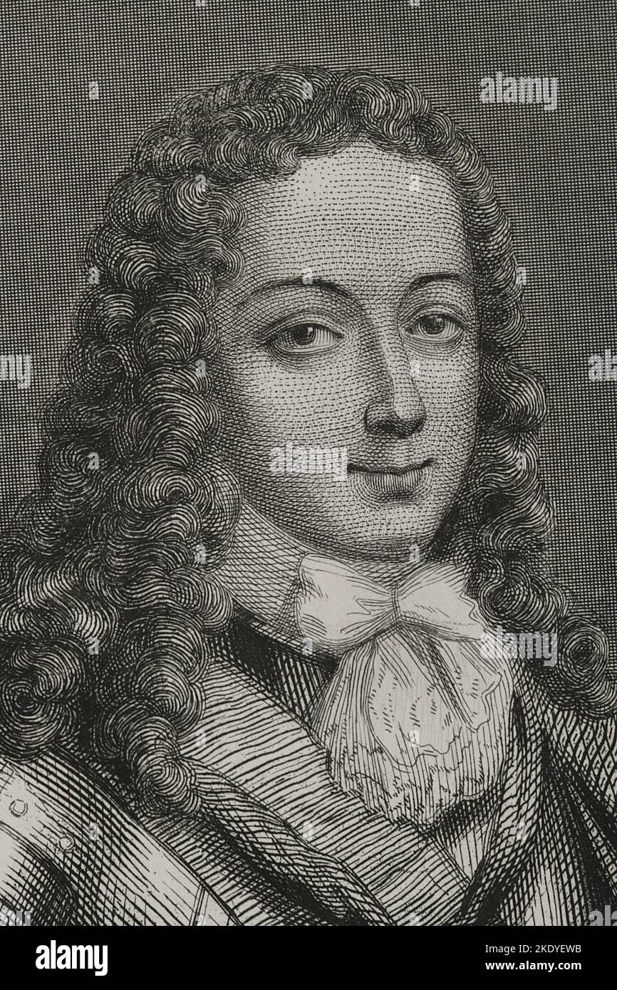 Philip V. (1683-1746). König von Spanien (1700-1746). Hochformat. Gravur von Geoffroy. Details. „Historia Universal“, von César Cantú. Band VI. 1857. Stockfoto Philip V. (1683-1746). König von Spanien (1700-1746). Hochformat. Gravur von Geoffroy. Details. „Historia Universal“, von César Cantú. Band VI. 1857. Stockfoto