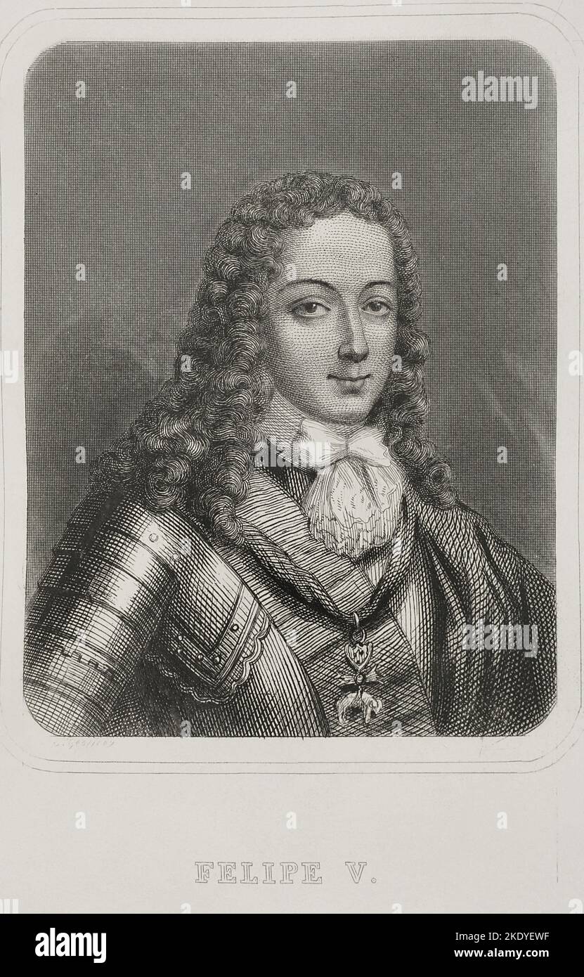 Philip V. (1683-1746). König von Spanien (1700-1746). Hochformat. Gravur von Geoffroy. „Historia Universal“, von César Cantú. Band VI. 1857. Stockfoto Philip V. (1683-1746). König von Spanien (1700-1746). Hochformat. Gravur von Geoffroy. „Historia Universal“, von César Cantú. Band VI. 1857. Stockfoto
