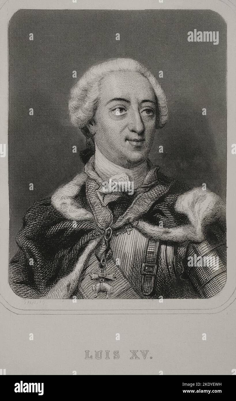 Ludwig XV. (1710-1774), sogenannter Ludwig der Geliebte. König von Frankreich (1715-1774). Haus von Bourbon. Hochformat. Gravur von Geoffroy. „Historia Universal“, von César Cantú. Volumen VI. 1857. Stockfoto