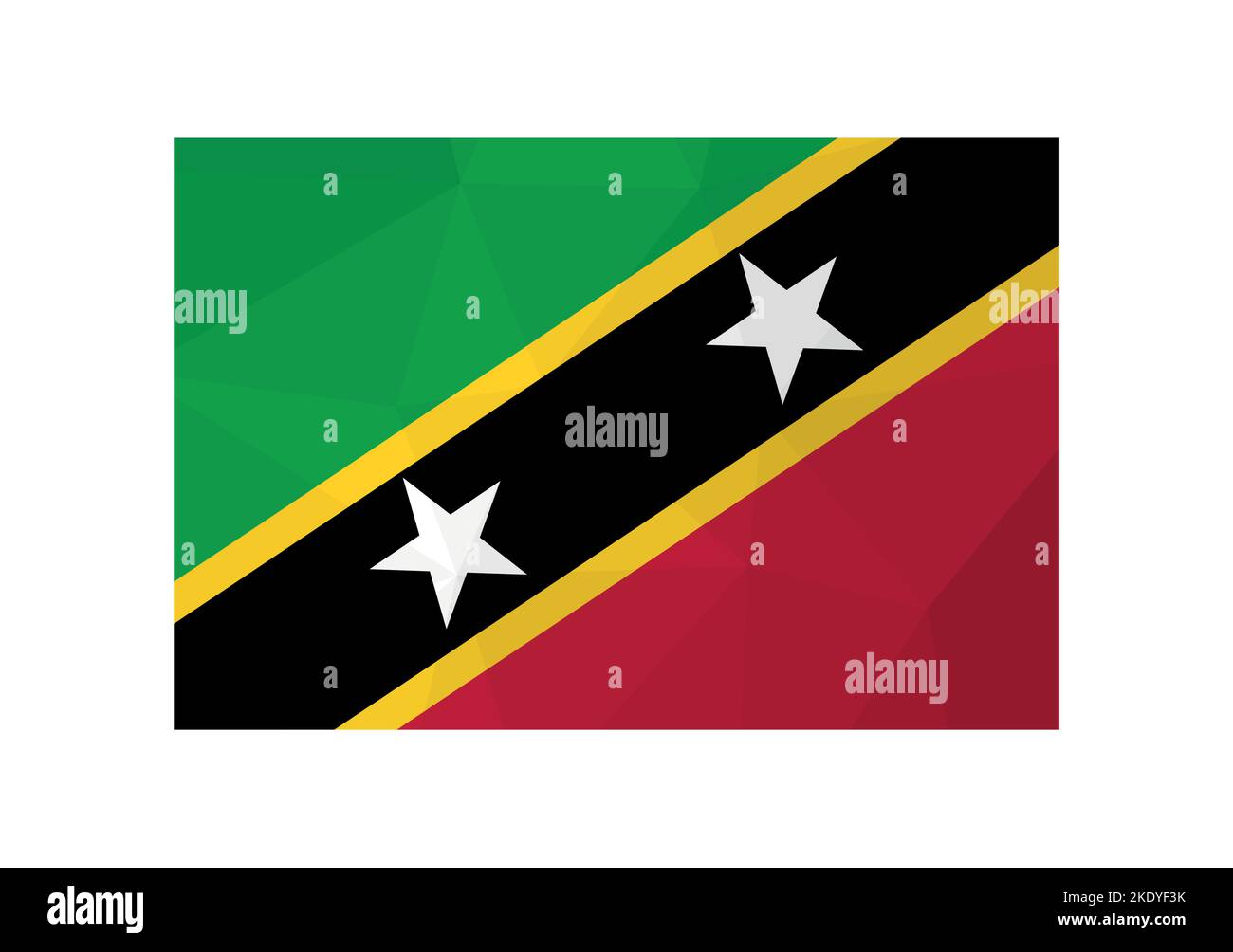 Vektorgrafik. Offizieller Fähnrich von St. Kitts und Nevis. Nationalflagge mit Sternen und grünen, roten, schwarzen Farben. Kreatives Design in Low-Poly-Stil Stock Vektor