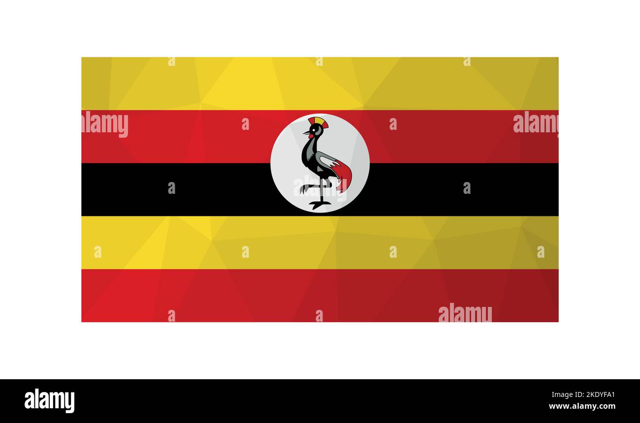 Vektorgrafik. Offizielles Symbol von Uganda. Nationalflagge mit Vogel und gelben, roten, schwarzen Streifen. Kreatives Design im Low-Poly-Stil mit Triangu Stock Vektor