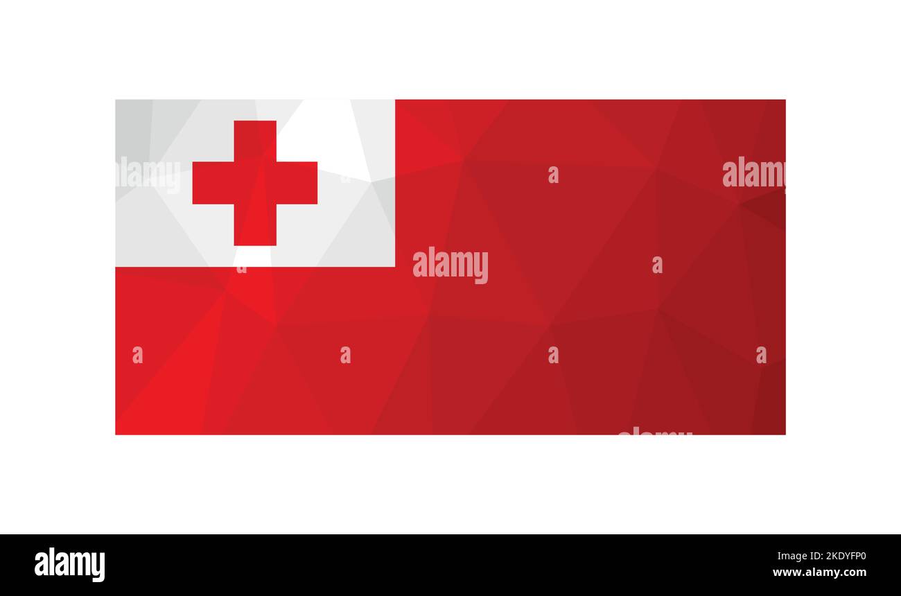 Vektorgrafik. Offizielles Symbol von Tonga. Nationalflagge mit Kreuz auf weißem und rotem Hintergrund. Kreatives Design im Low-Poly-Stil mit Triangula Stock Vektor