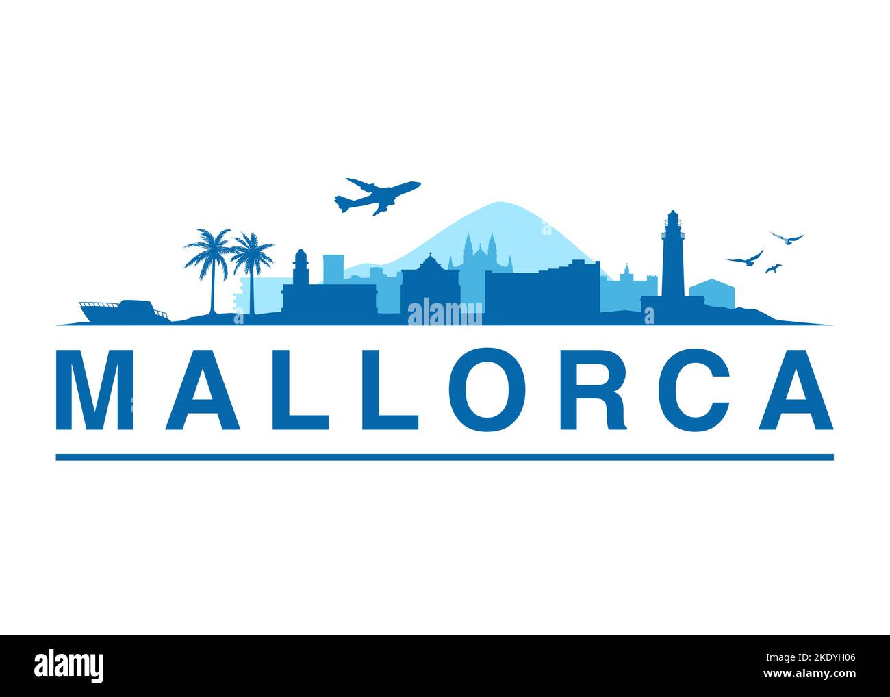 Mallorca Spanish Tropical Island Landscape | Black Vector Graphic Silhouette Design für Bekleidung, Web und Print Stock Vektor