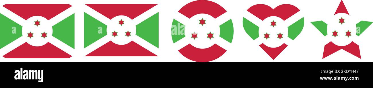 Eine digitale Illustration der Burundi-Flagge in verschiedenen Symbolformen wie Herz und Stern Stock Vektor