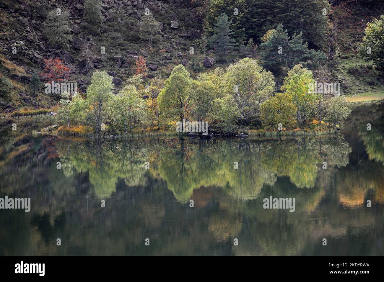 Herbst, die Farben spiegeln sich im Étang de Lers, Ariège, den Pyrenäen, Frankreich, der EU wider Stockfoto