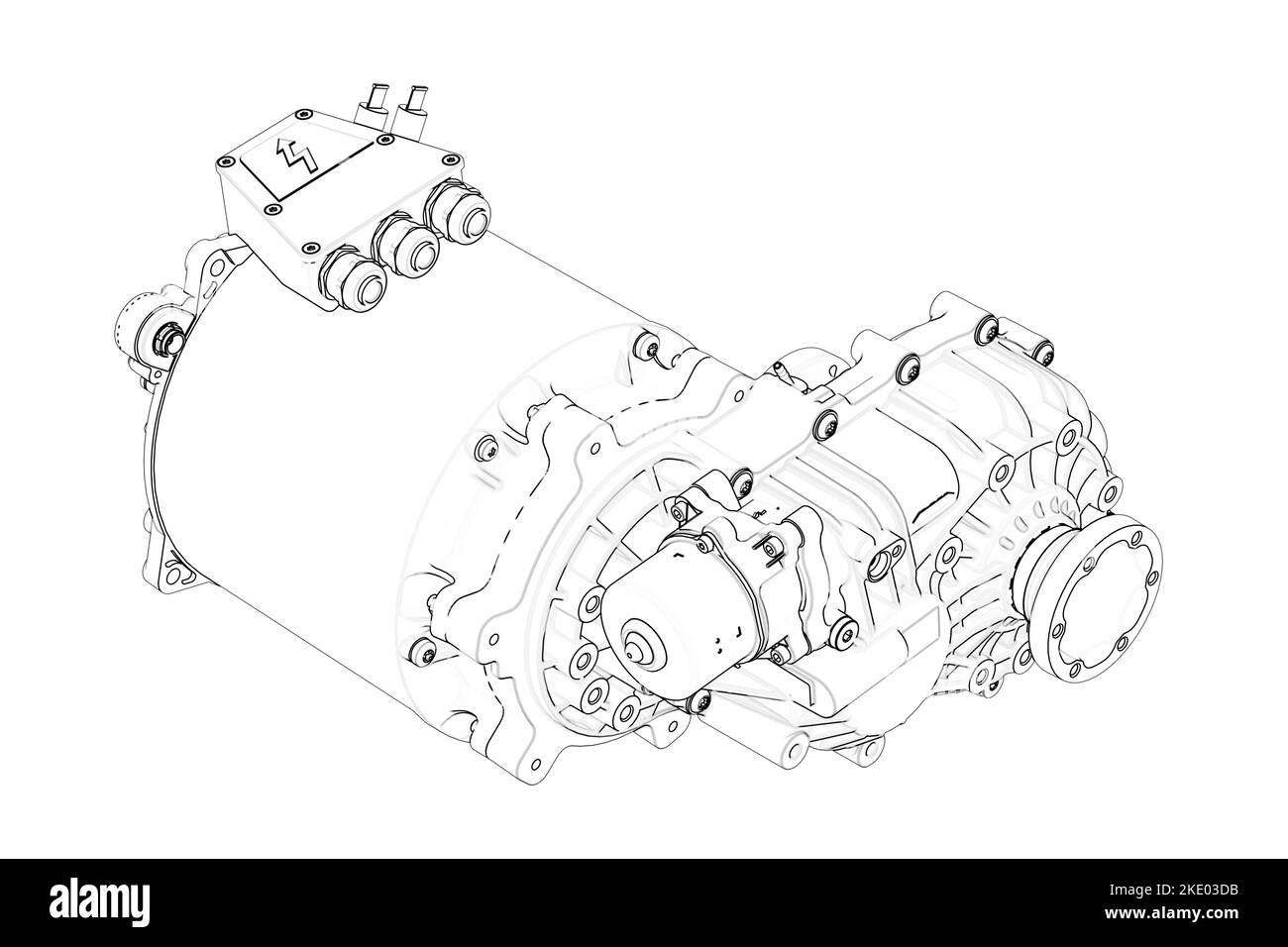 Elektrofahrzeug-Motor in schwarz-weiß 3D Rendering Abbildung isoliert auf weiß Stockfoto