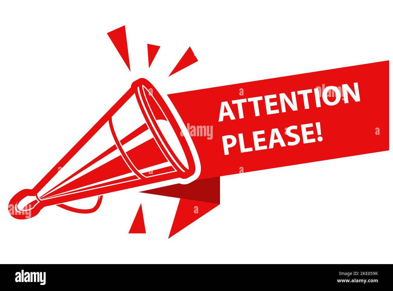 Achtung bitte, Banner mit altem Tin-Megaphon oder Lautsprecher, Notiz- oder Ansagesymbol, Vektor Stock Vektor