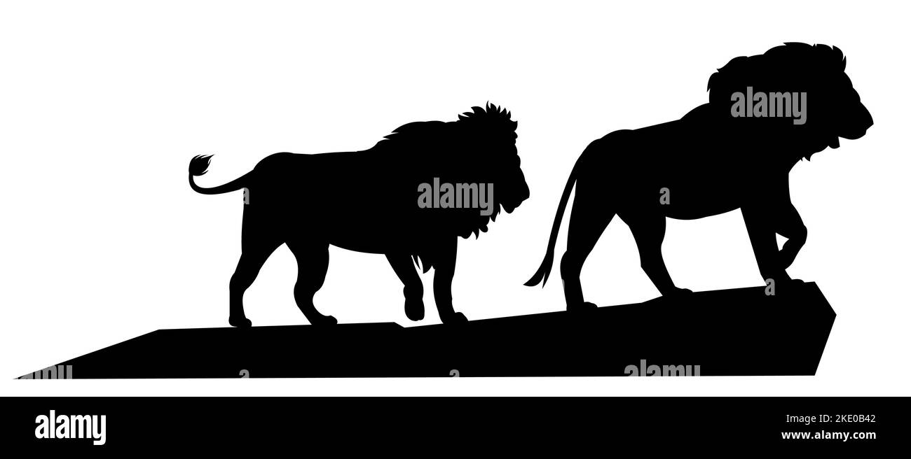 Löwen auf Steinklippen. Afrikanischer Savannenräuber. Silhouettenbild. Gefährliches Tier unter natürlichen Bedingungen. Isoliert auf weißem Hintergrund. Vektor. Stock Vektor