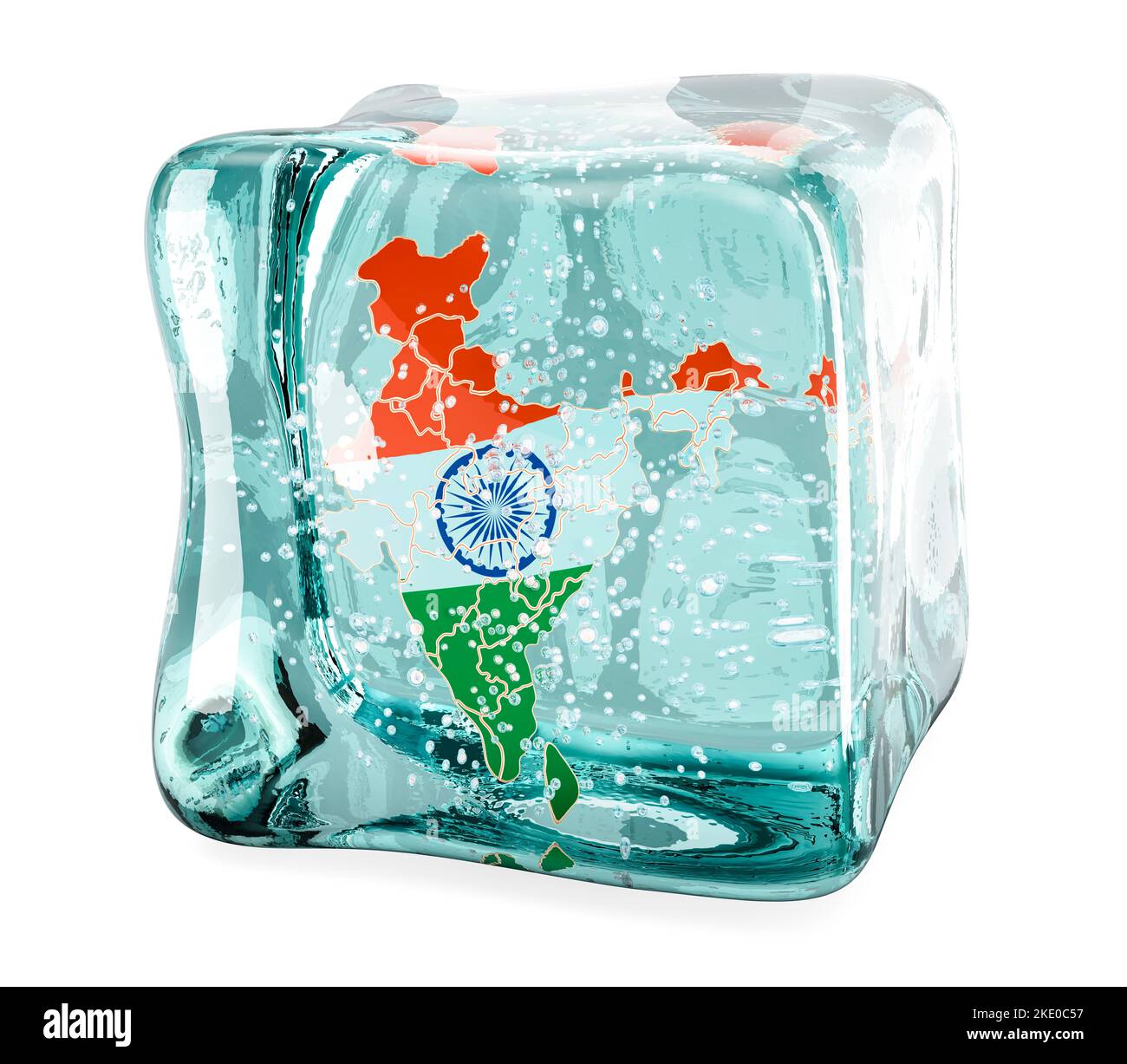 Indische Karte eingefroren in Eiswürfel, 3D Rendering isoliert auf weißem Hintergrund Stockfoto