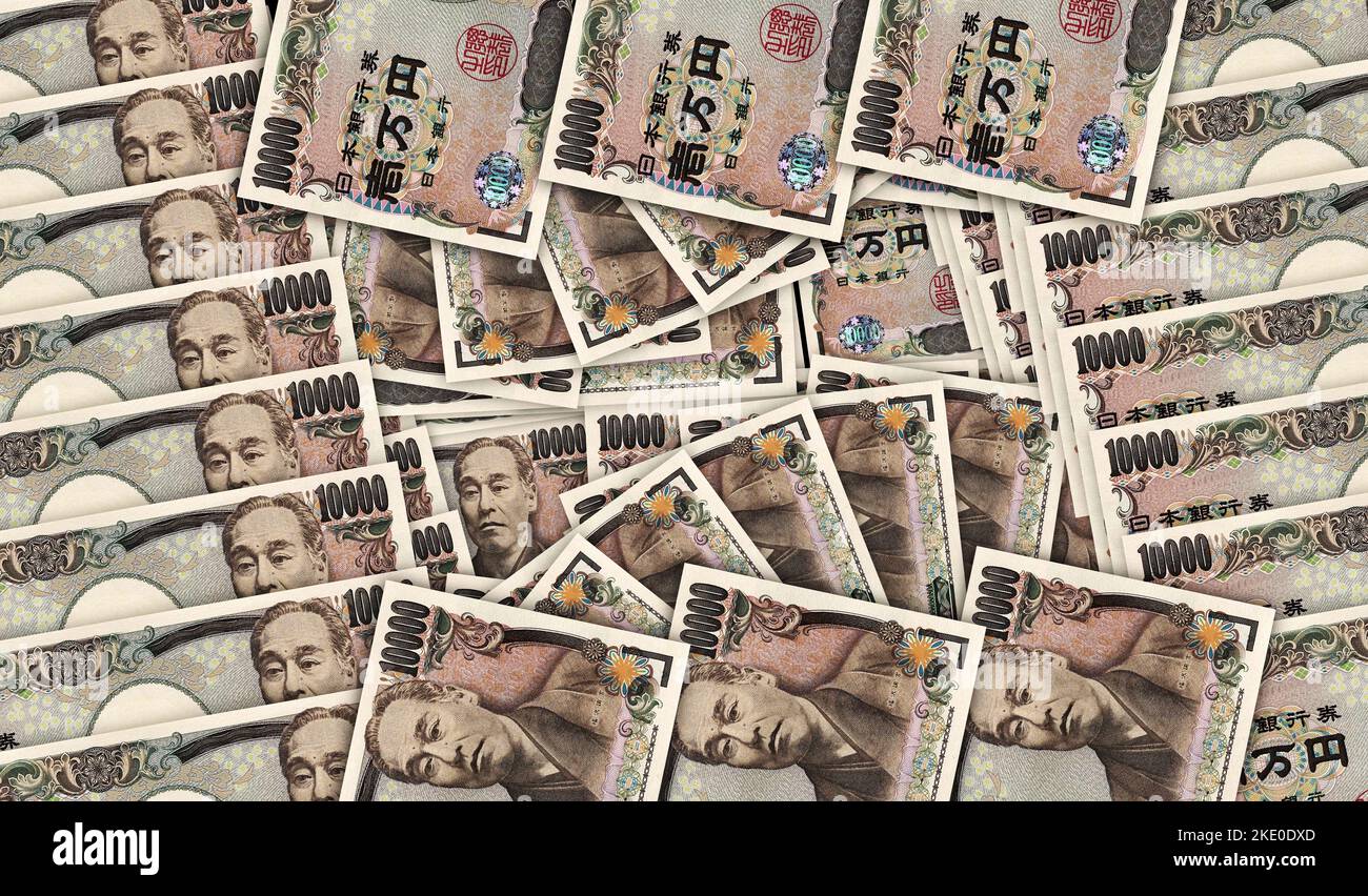 Japanische Yen-Banknoten in einer Schleife mit einem Mosaik-Muster an einem Geldventilator. Japan Yen 10000 JPY-Noten. Abstraktes Konzept von Bank, Finanzen, Wirtschaft dekoratives Design zurück Stockfoto