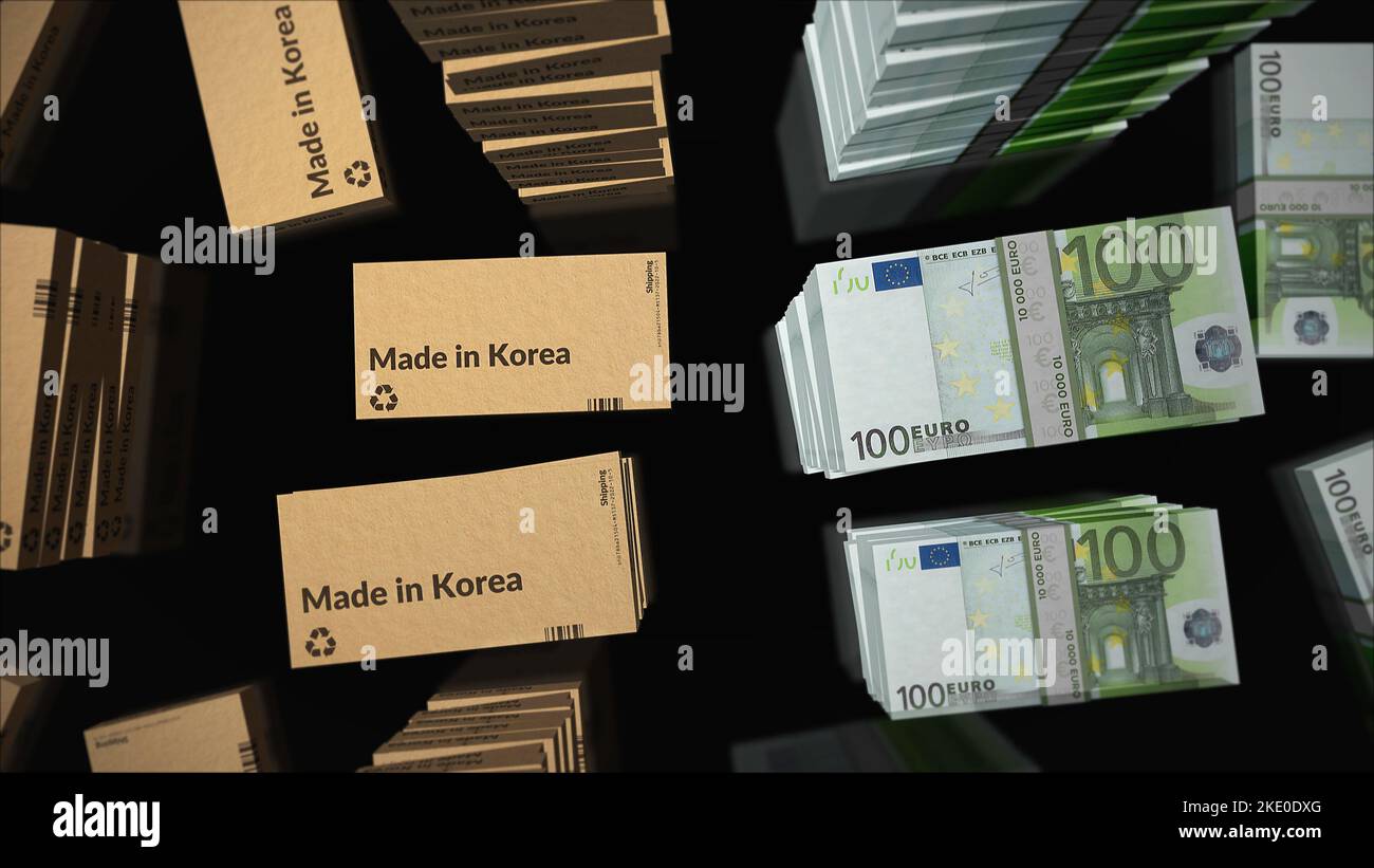 Made in Korea Box Line und Euro Money Bundle Stacks. Export, Handel, Lieferung, Produktion, Versand, Business und Import. Abstract Concept 3D illustrat Stockfoto