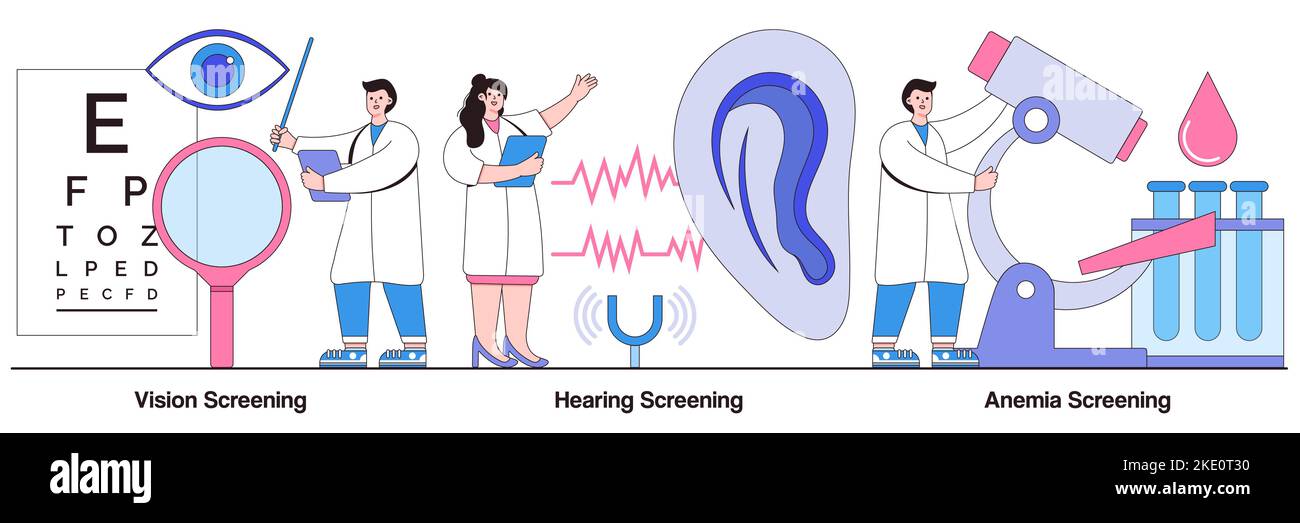 Vision-, Hör- und Anämie-Screening-Konzept mit Menschen-Charakteren. Pädiatrie-Karabinillustration mit Vektorgrafik. Sehtest, Ohrenproblem, Eisendefi Stock Vektor