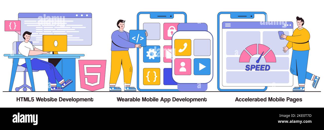 HTML5 Website-Entwicklung, tragbare mobile App, beschleunigte mobile Seiten Konzept mit Menschen Zeichen. Software- und Frontend-Entwicklungsvektor illu Stock Vektor
