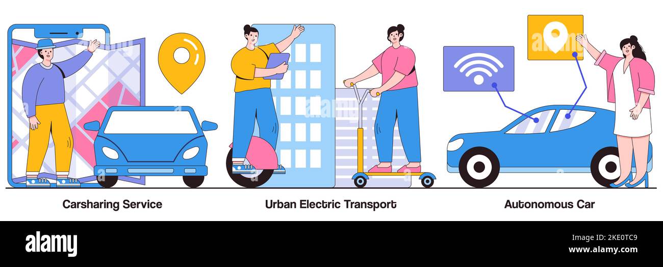 Carsharing-Service, städtischer Elektrotransport, autonomes Autokonzept mit Menschen-Charakteren. Illustrationspaket Stadtverkehr. Mietservice, t Stock Vektor