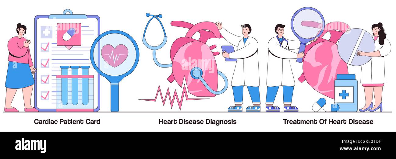 Herzpatientenkarte, Diagnose von Herzerkrankungen und Behandlungskonzept mit Personen-Charakteren. Vektorgrafik für Herzinfarkte. Bluttest, hospit Stock Vektor