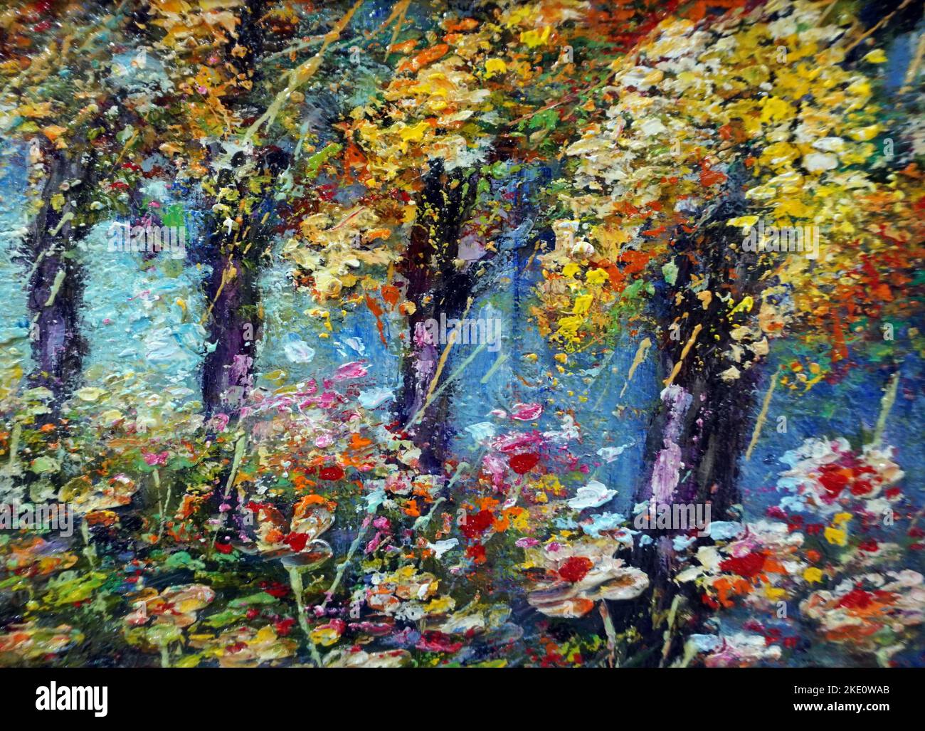 Ölgemälde Pathway mit Bäumen und Blumen , multiplizieren Blumen Stockfoto